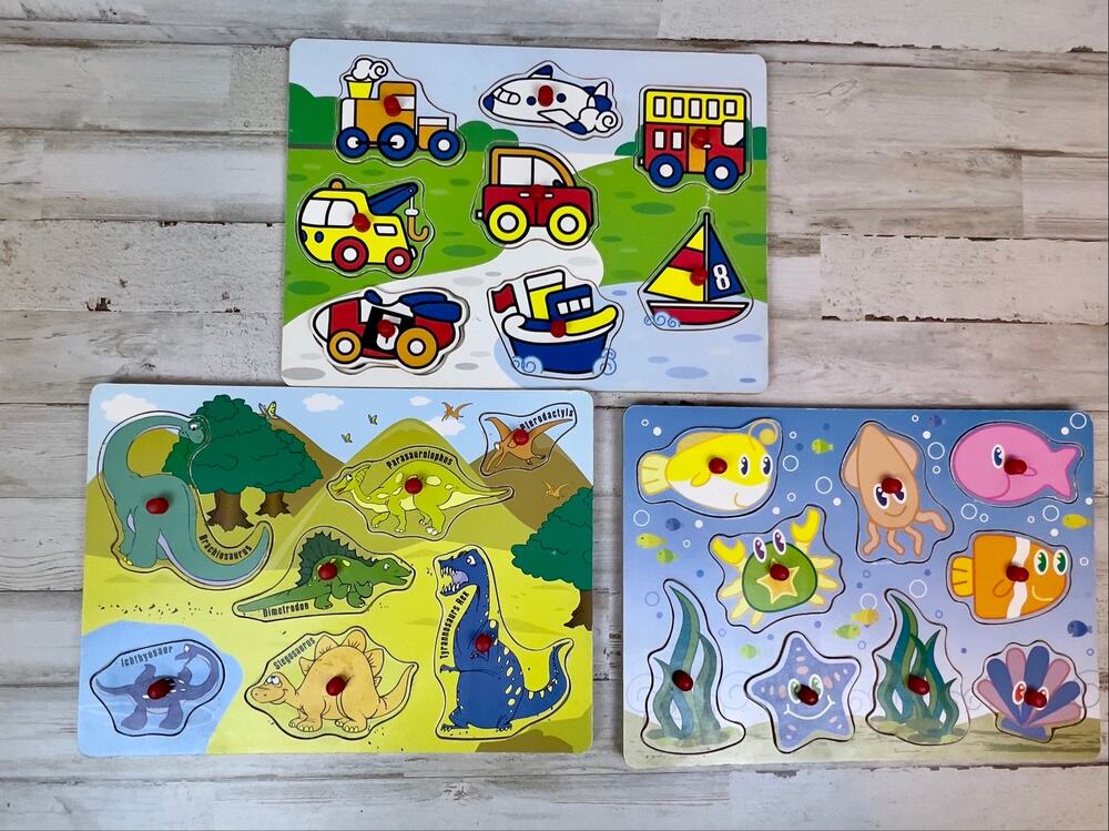 Vintage Wooden Tray Puzzles Set of 3 Transportation Dinosaurs Under the Sea